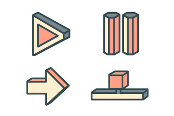 Isometric media player controls and navigation arrows for modern user interface design and web applications