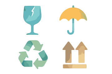 Set of watercolor style packaging symbols including fragile, keep dry, recycle, and this way up signs