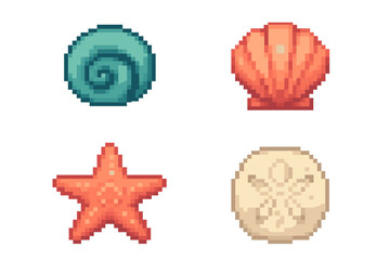Vibrant pixelated ocean treasures collection featuring spiral shell, scallop, starfish, and sand dollar in charming retro style