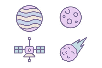 Colorful cosmic elements with striped planets, cratered moon, orbiting satellite, and streaking comet