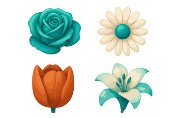 Stylized floral collection with rose, daisy, tulip, and lily in teal, orange, and cream colors, vibrant botanical design