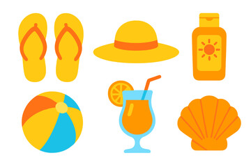 Colorful summer beach vacation essentials including flip-flops, sun hat, sunscreen bottle, beach ball, tropical cocktail, and seashell