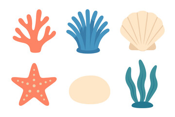 Vibrant collection of underwater world elements including coral, starfish, seashell, and various seaweeds © icon_art