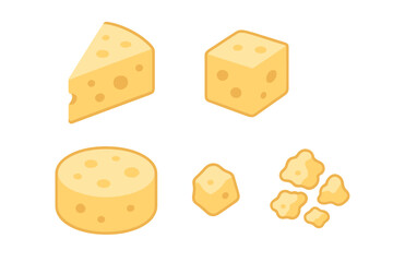 Assortment of yellow cheese pieces in various shapes and sizes including a wedge, cube, wheel, and crumbled portions for culinary use