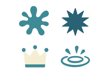 Set of creative graphic design elements featuring an abstract splash, starburst, crown, and ripple effect