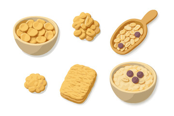 Healthy breakfast food collection with various cereals, oatmeal, and berries in bowls and a wooden scoop on white