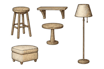 Assortment of classic wooden furniture including a tall stool, wall-mounted bench, pedestal table, upholstered ottoman, and floor lamp