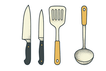Collection of essential kitchen utensils including chef knife, paring knife, slotted spatula, and soup ladle for culinary tasks and food preparation