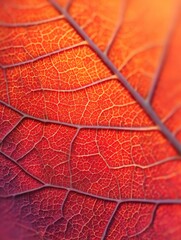 Obraz premium Close-up of a red-orange leaf, the structure of the leaf resembles an abstract work of art, autumn art, wall art