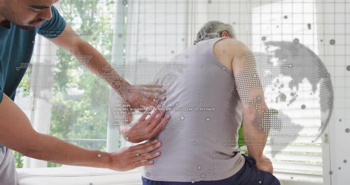 Therapist palpating patient's back applying kneading with map overlay showing relief in therapy