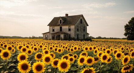 Abandoned farmhouse amidst a field of sunflowers