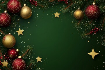 Sparkling holiday ornaments and festive pine branches with golden stars create a rich Christmas background