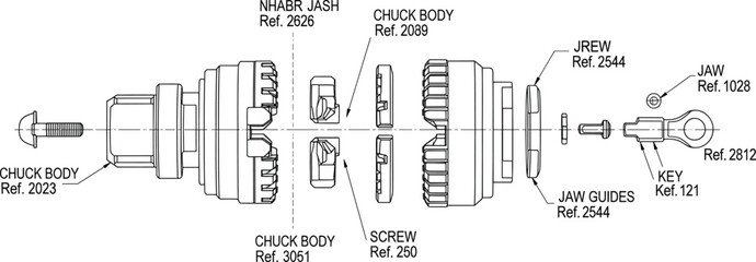 Exploded chuck assembly vector diagram with labeled mechanical components, machining tool parts, precision schematic, engineering blueprint, industrial illustration