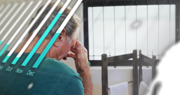 Senior consultant rubbing nose bridge gazing through barred window causing business graphs pulsing