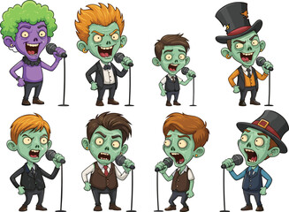Cartoon zombie singers performing with microphones, horror concert theme, undead music characters in eccentric outfits and expressive poses vector illustration set