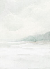 A subtle digital watercolor wash of a cold, snowy winter landscape, suitable for use as a vertical background or a simple nature texture.