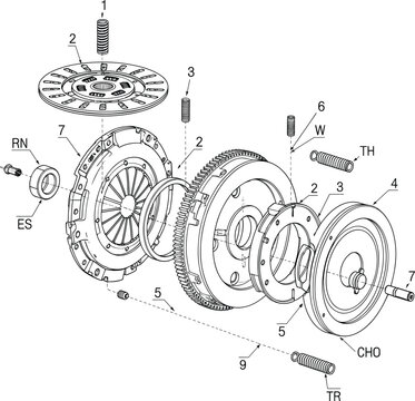 Exploded clutch assembly vector diagram with labeled mechanical parts, automotive components, engineering schematic, transmission system, repair reference illustration