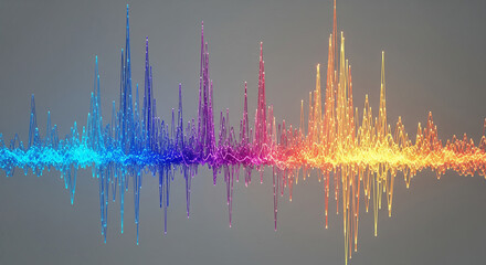  An abstract visualization of a vibrant, kinetic wave pattern. The wave has dramatic peaks and troughs, composed of glowing, interconnected digital particles, against a neutral grey background. 