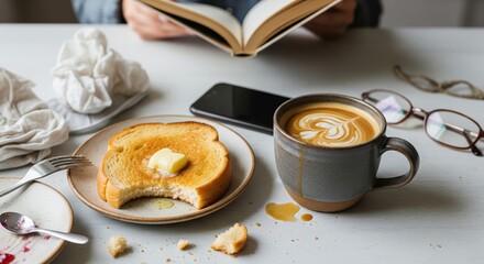 Cozy Morning Scene with Toast Coffee Book and Relaxing Atmosphere
