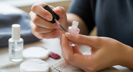 Woman Applying Nail Polish with Cotton Pads and Beauty Supplies