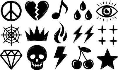 Collection of Black Grunge-Style Icons: Peace, Heart, Music, and More