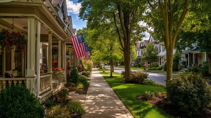 Obraz premium American flags hang from houses on the street, with trees lining the street enhancing its charm. The houses and flags create a picturesque setting along the tree-lined path.