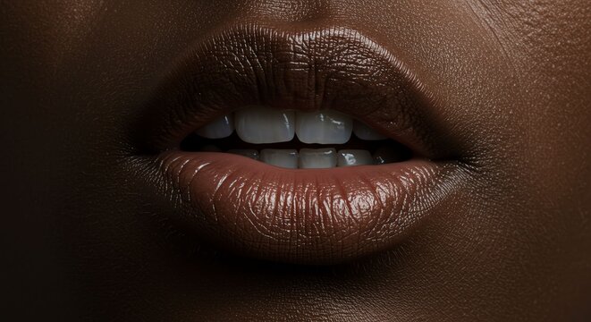 Close Up Dark Skin Lips with Slightly Open Mouth Showing Teeth in Natural Light