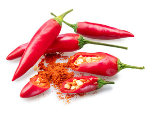 Slices of chili pepper and chili powder isolated on white background.