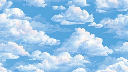 Sky filled with fluffy white clouds on a vibrant blue background