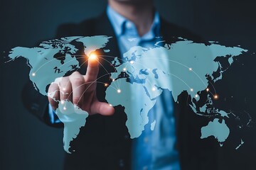 Businessman touching world map with glowing network connections and highlighted locations global