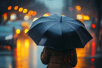 Woman holds black umbrella in pouring rain with blurred city lights reflecting on wet street