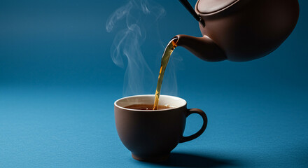 Brown teapot pouring hot tea into cup on blue background  