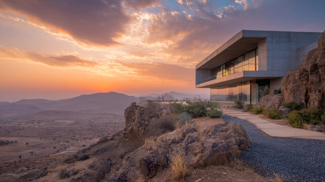 Stunning modern villa built into a cliffside, offering breathtaking sunset views over arid, mountainous landscape. Features concrete architecture expansive glass walls, symbolizing luxury, isolation