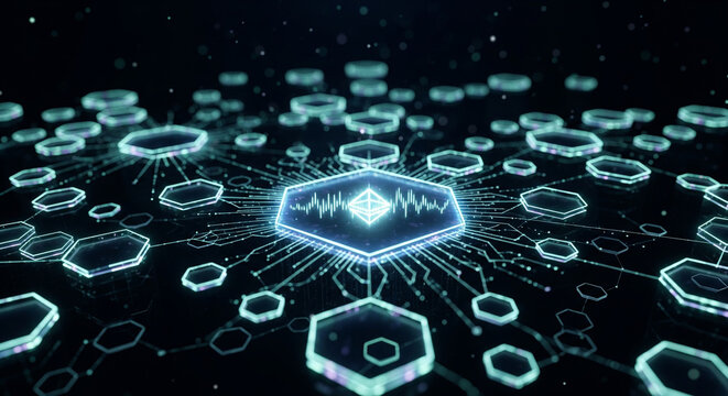 A stylized, glowing blockchain network visualized as interconnected, hexagonal cells of light extending into an infinite dark space. A prominent, central hexagon contains a subtly pulsating digital cu