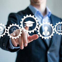 Businessman touching digital gears representing education and business success
