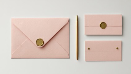 Light pink envelopes and stationery, gold accents