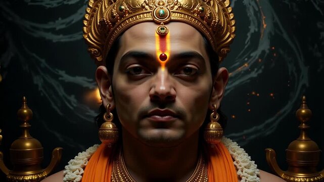 Dramatic Lord Ayyappa Close-Up in Shadow World: Unreal 4K Video Footage for Devotional Projects and Spiritual Content, Powerful Religious Icon