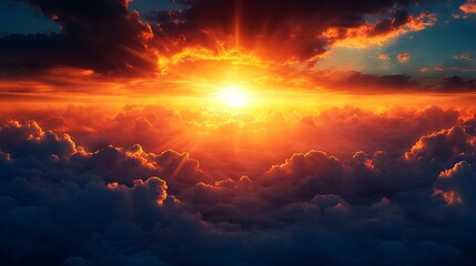 Fototapeta premium Stunning sunrise over clouds, vibrant golden rays illuminate breathtaking sky, inspiring hope and new beginnings.