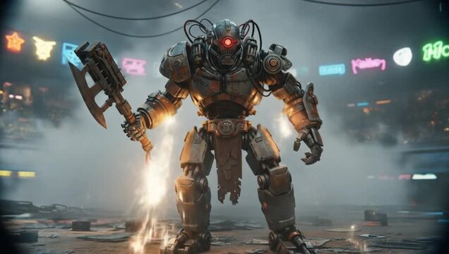 Giant Battle Robot with Axe in a Futuristic Arena.
