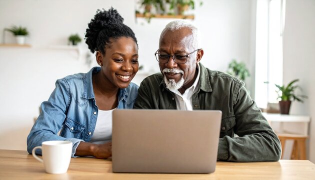 Elderly father and daughter sitting at a desk, looking at a laptop. Two generations using technology together