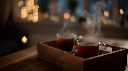 Cozy rustic scene featuring steaming tea cups on a wooden tray illuminated by warm golden hour glow with soft focus background and ample copy space