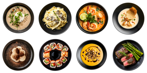 A set of haute cuisine restaurant dishes isolated on a transparent background in PNG