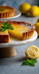 Lemon tart on a stand, sliced, with mint leaves and more lemons