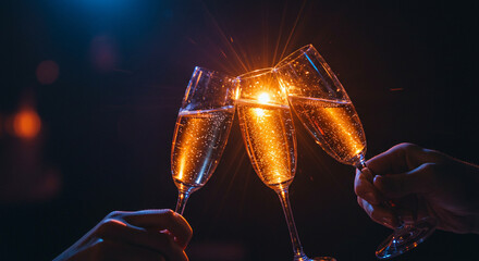 Champagne glasses clinking in celebration against dark background  