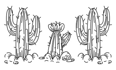 A set of elements in the style of scribbles of desert cacti. A flowering cactus in the middle. The nature of the desert. The flowering of plants in a dry climate. Scribbles in black and white.