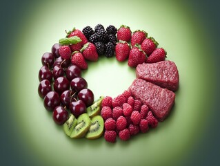 Ultra-Realistic Flat Lay of Fruits, Vegetables, and Meat Arranged in an Empty Circle on Pastel Green and Light Blue Background with Copy Space