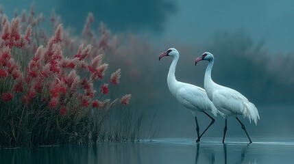 Obraz premium Pink Flamingos in Serene Blue Lake with Graceful Reflections and Nature Scenery