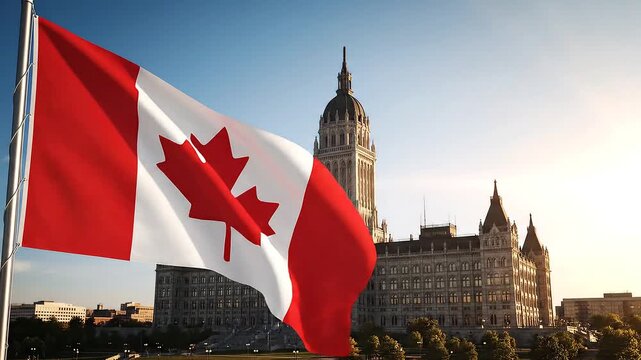 Canadian Flag Waving Proudly in Front of Parliament Buildings.
