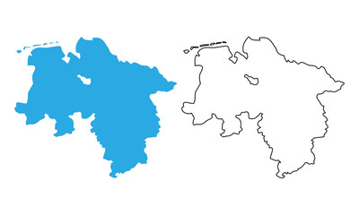 Lower Saxony state map, Germany. Map with detailed outlines and blue silhouettes