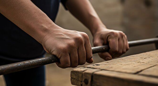 Close Up of Hands Cutting Wood with Saw in Workshop Rustic Environment
